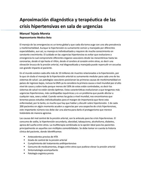 Aproximación diagnóstica y terapéutica de las crisis hipertensivas en