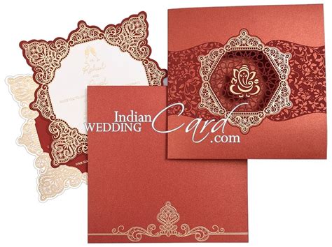 Red Color “ganesha” Theme Laser Cut Wedding Card D 9168