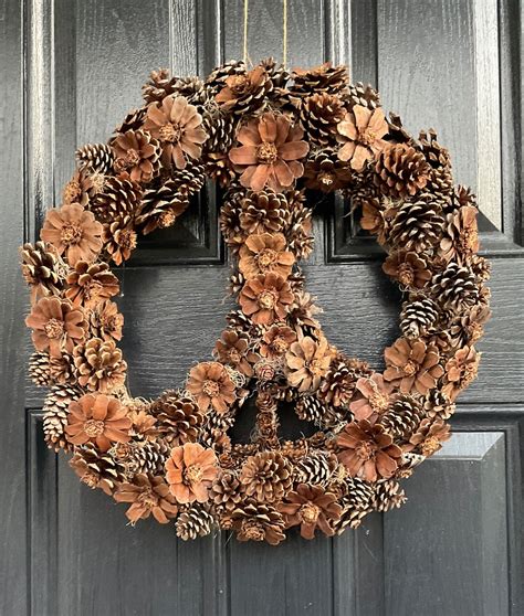 20 Peace Pine Cone Flower Wreath Woodflower Wreath Peace Sign Wreath