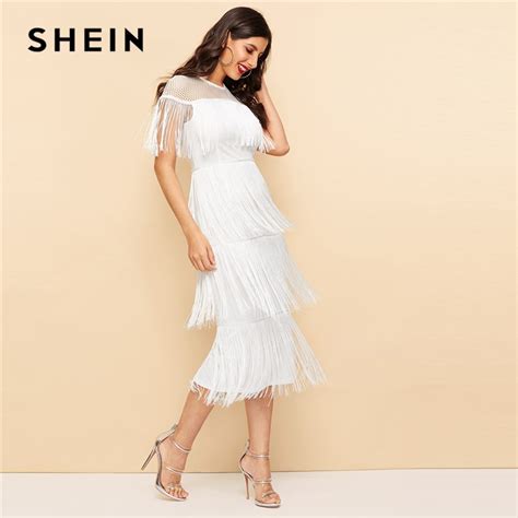 Shein White Sheer Yoke Layered Fringe Detail Slit Hem Pencil Dress