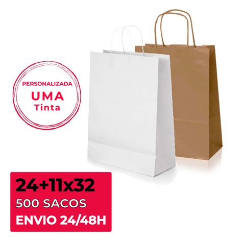 500 Sacos Personalizados Alça Enrolada Kraft Branco 24 11x32 cm A