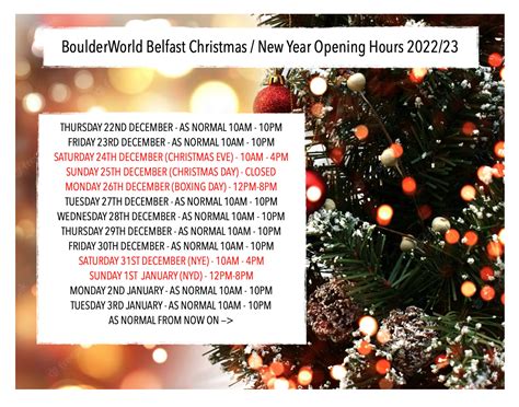 Christmas New Years Opening Hours Boulder World Belfast