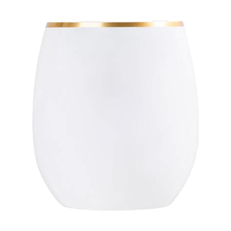 Ecoquality 12 Oz White Plastic Stemless Wine Glasses With Gold Rim Disposable Unbreakable