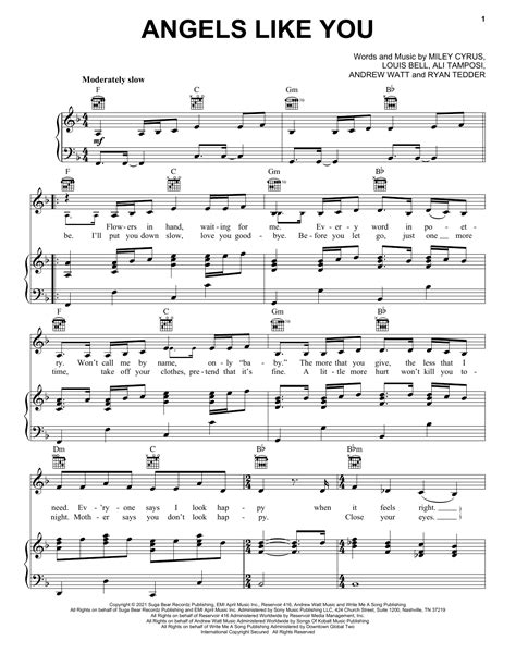 Angels Like You By Miley Cyrus Sheet Music For Piano Vocal Guitar