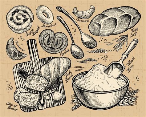 Bakery Bread Hand Drawn Sketches Of Food Vector Illustration Stock