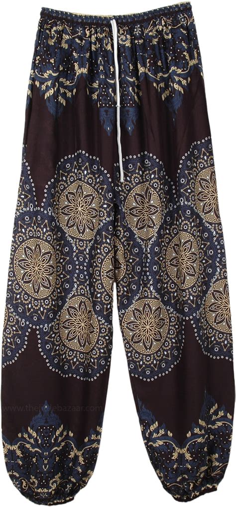 Deep Blue Printed Ankle Elastic Harem Pants Blue Split Skirts Pants