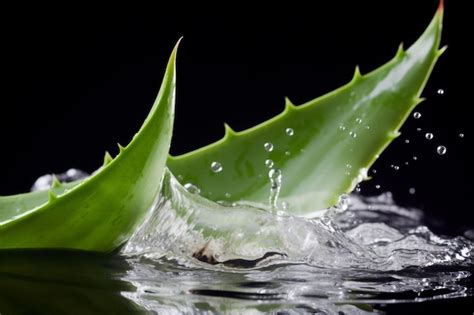 Un Primer Plano De Una Hoja De Aloe Vera Y Salpicaduras De Agua En El