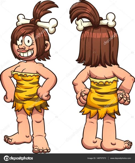 Cavewoman de dibujos animados delante y detrás Vector de stock por