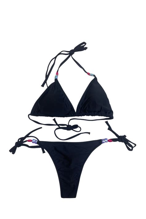 XORVİO Kadın Siyah Boncuk Detaylı Likralı String Bikini Takımı Şık Ipli Tanga Bikini Takımı Yeni