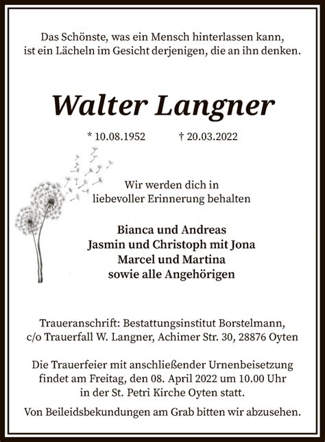 Traueranzeigen Von Walter Langner Trauer Kreiszeitung De