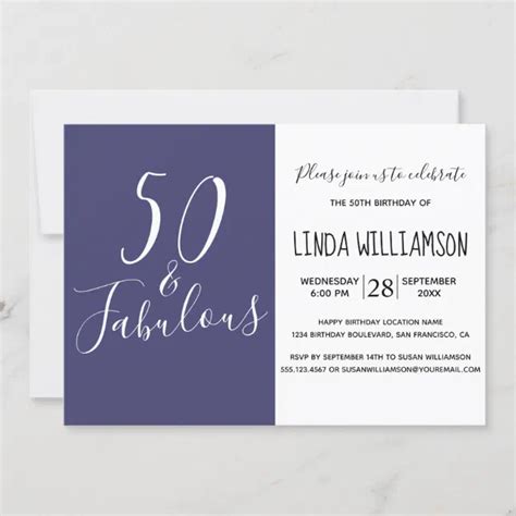 Chic Modern 50 Fabulous Navy Blue 50th Birthday Invitation Zazzle