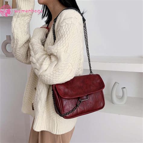 Wb Retro Crossbody Handbag Women Solid Pu Leather Chain Shoulder