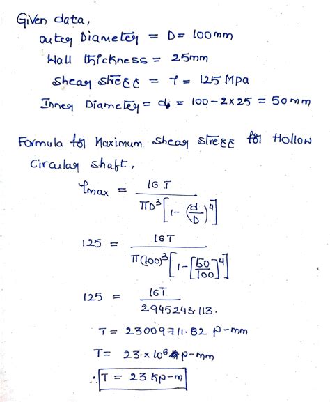 Solved A Hollow Circular Shaft Has An Outer Diameter Of 100 Mm And A