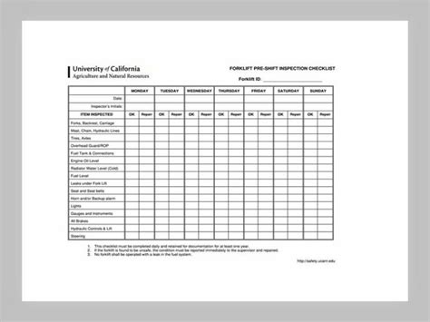 Forklift Maintenance Schedule Template