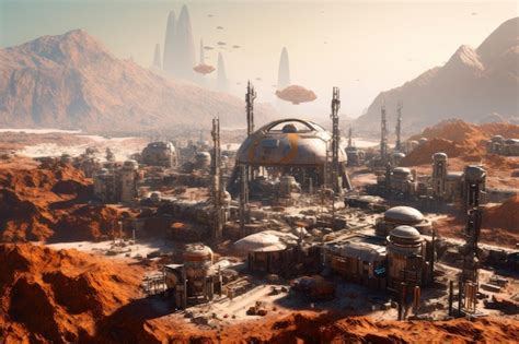 Premium Ai Image Fantastic Spaceships Flying Above Human Colony On