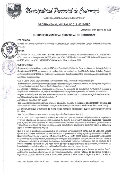 Ordenanza Municipal N 016 2023 CMPC CREACIÓN DE LA COMISION