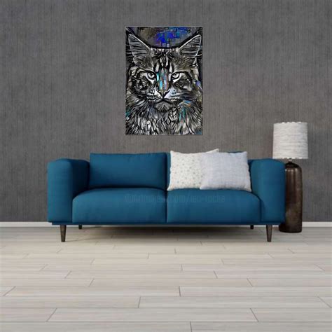 Merkan Cat Mix Media On Panel 70X50 Painting By L Roche Artmajeur