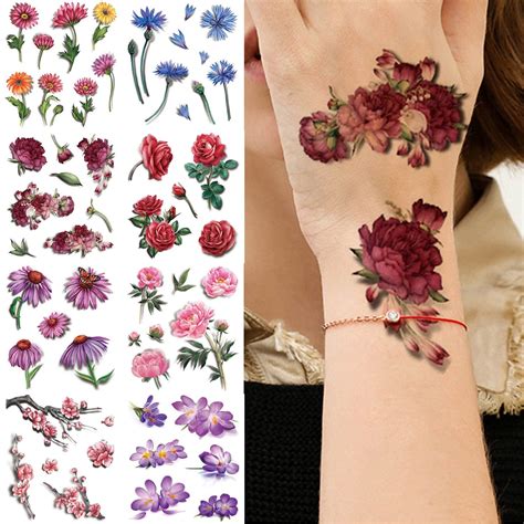 Glaryyears 3d Floral Temporary Tattoos Rose Chrysanthemum Designs For Women Waterproof Body