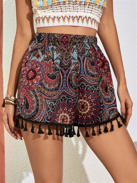 Shein Vcay Floral Print Tassel Trim Shorts Shein Uk