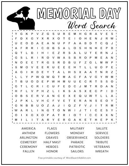 Memorial Day Printable Word Search Puzzle Word Search Addict