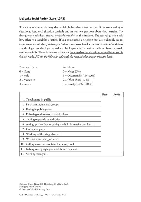 Liebowitz Social Anxiety Scale Lsas Read Each Situation Carefully And Answer Two Questions