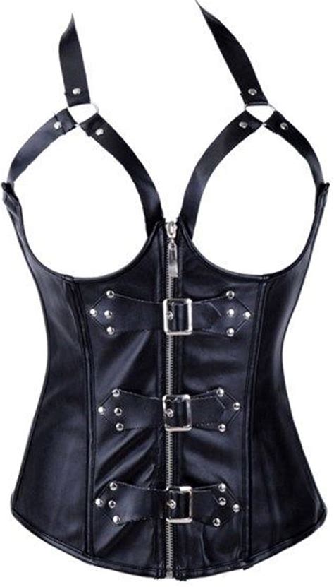 JL Corset Corsage Fetisch Busenfrei Schwarz Kunstleder Korsage Amazon