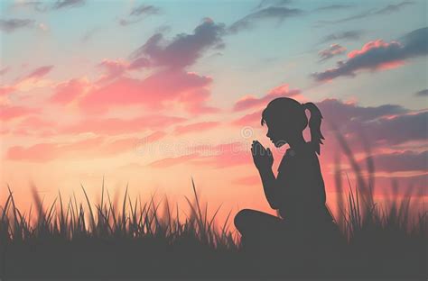 Silhouette Of A Woman Kneeling In Prayer At Sunset Stock Illustration