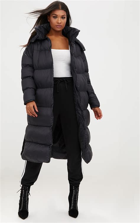 Black Oversized Longline Puffer Jacket With Hood Prettylittlething Usa