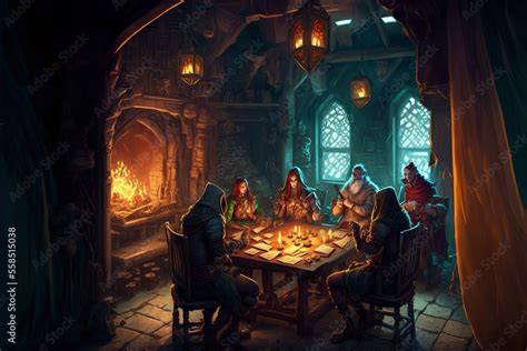 Roleplaying Scenery In Fantasy Dungeon Interior With Characters Playing