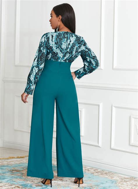 ROTITA Printed Long Sleeve Wide Leg Pocket Jumpsuit Rotita USD