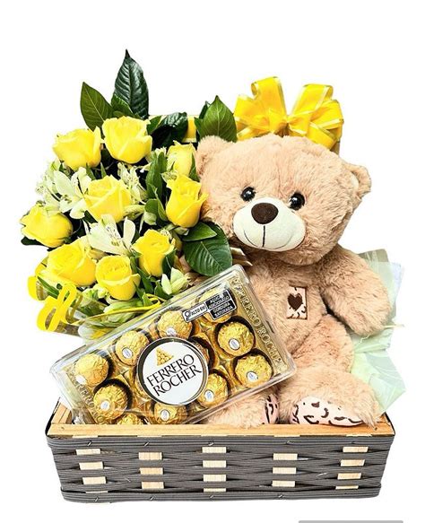 Luxuoso Baú Urso Arranjo e Chocolate Fênix Floricultura Flores