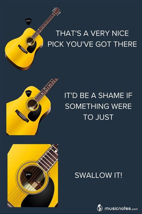 An Image Of A Yellow Guitar With The Caption Saying That S Very Nice Pick You Ve Got There It D