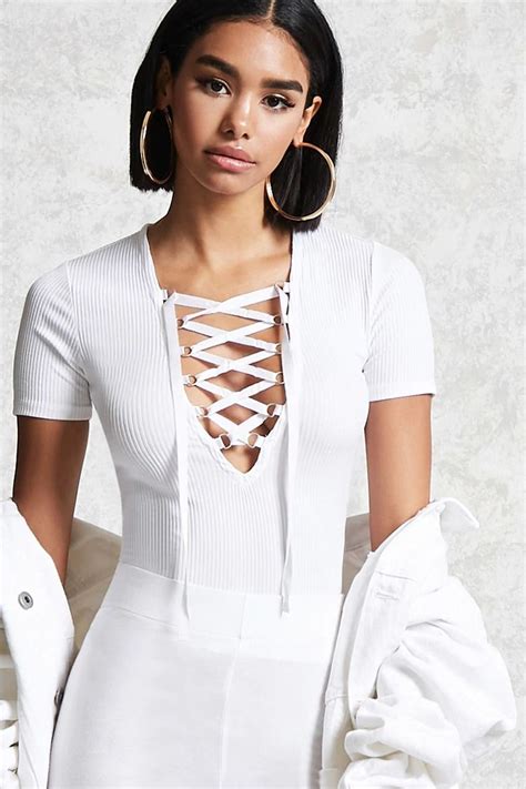 Forever 21 Contemporary A Ribbed Knit Top Featuring A Lace Up Front