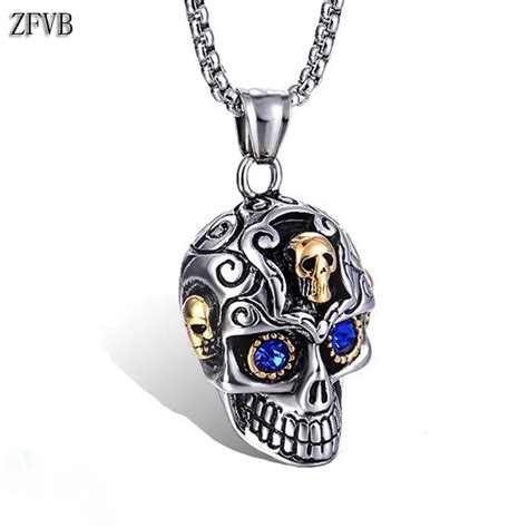 Zfvb Punk Skull Skeleton Necklace For Men Jewelry Stainless Steel Gold