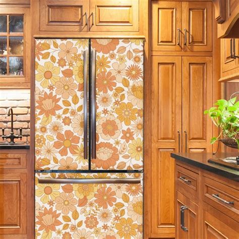 Retro Fridge Wrap Floral Boho Refrigerator Wrap Vinyl Side By Etsy