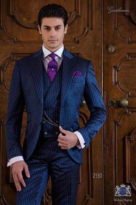 Italian Bespoke Royal Blue Pinstripe Suit Groomsmen Suits Mens Suits