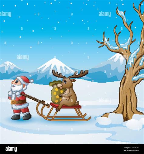 Vector illustration of Cartoon funny santa claus pulling reindeer on a ...