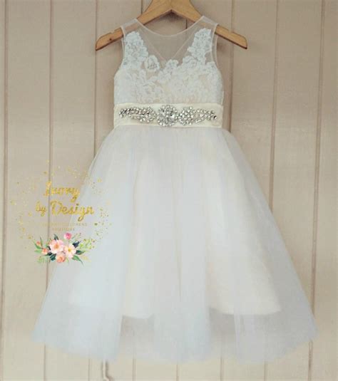 Sweet Cream Ivory White Tulle Flower Girl Dress Lace Bodice Sleeveless