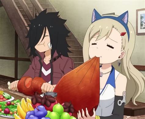 Two Anime Characters Sitting At A Table With Food