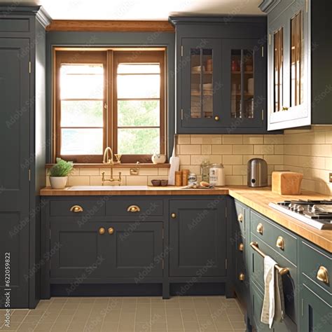 Dark blue country kitchen design, interior decor and house improvement, classic English in frame ...