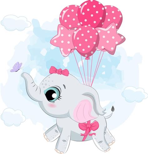 Lindo bebé niña elefante volando con globo ilustración Vector Premium