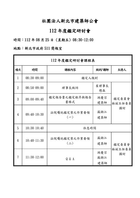 本會訂於112年8月25日星期五上午830~1200假新北市政府511簡報室舉辦「112年度鑑定研討會」，欲參加之鑑定人請於112年8