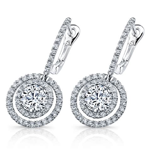 Lds 18 Karat White Gold Floating Round Diamond Double Halo Drop