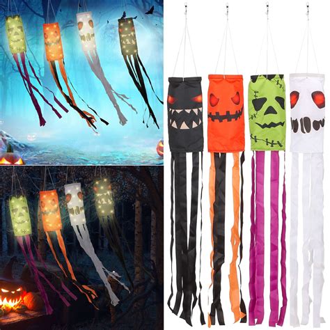 Gustave Halloween Windsock Flags With Led Lights 4 Pack Pumpkin Bat Ghost Spooky Cartoon Wind