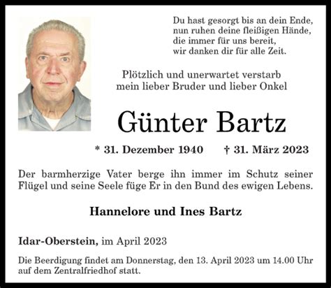 Traueranzeigen von Günter Bartz rz trauer de