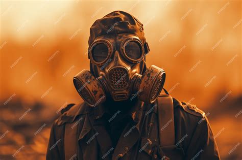 Premium Photo A Man In A Gas Mask In Mud In The Style Of Light