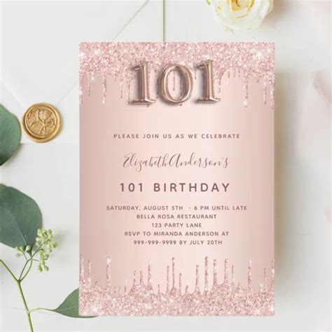 101 Birthday Rose Gold Drips Elegant Invitation Zazzle