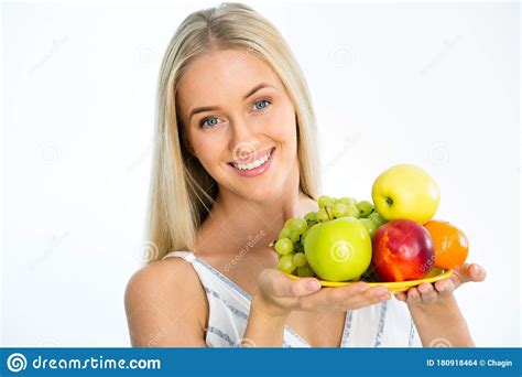 Young Woman With Plate Of Fresh Fruit Stock Photo Image Of Grapes