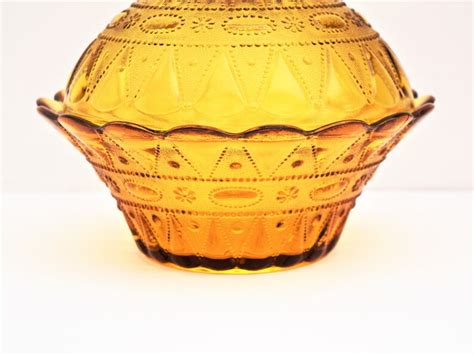 Kemple Wheaton Amber Glass Lacey Covered Dish Round Amber Etsy