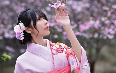 Pictures Brunette Girl Cherry Blossom Bokeh Kimono Young 1920x1200